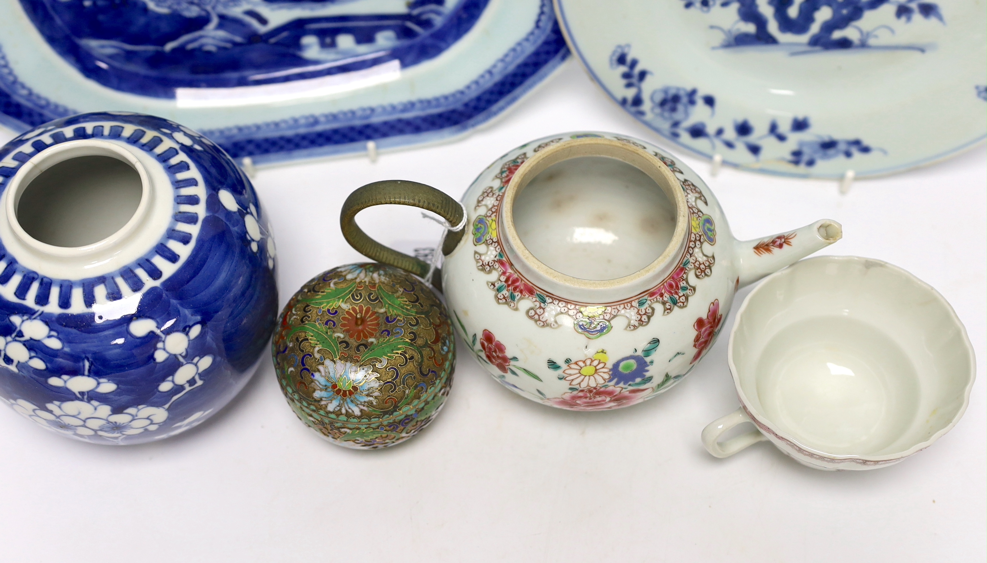 An 18th/19th century Chinese teapot, cup, dish, platter, jar and a cloisonne box, platter 28.5cm wide